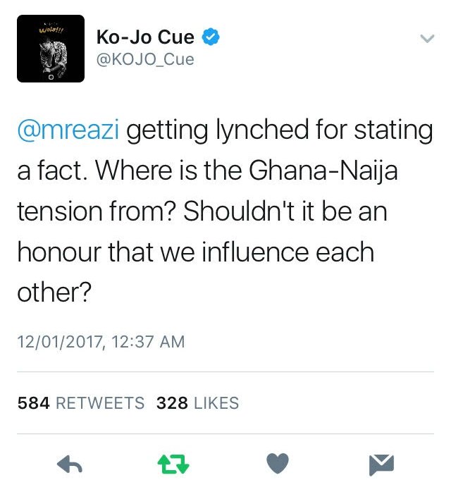 Mr Eazi's tweet which started a Ghana-Nigeria Twitter War 