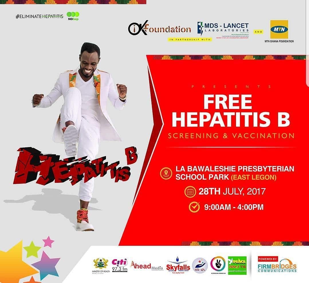 Okyeame Kwame's philanthropy through the annual hepatitis B sessions, with partnership from MDS-LANCET Laboratories will be re-lived this year on the World Hepatitis Day. The 2017 edition will be held on 28th July at La Bawaleshie Presbyterian School part, East Legon, Accra from 9am to 4pm. The screening will be done by a team of diligent, well-trained MDS-LANCET personnel who have provided this professional service to this course for the past 5 years.  The campaign, dating back to 2009 has seen various regions of the country including Kumasi, Takoradi, Accra, Ho and Sunyani with over 7,000 individuals benefiting from the sessions each year across all regions.  OK, in the preceding days has been committed to an intensive social media health education on the subject. As an ambassador, he entreats all and sundry to actively participate in the global commemoration through volunteering education, getting tested and vaccinated.   The project, a heartbeat of the OK Foundation has attracted numerous local and international laurels for the artiste, and has received support from MTN Ghana Foundation (whose support has been very positive instrumental and over years) ; and is endorsed by the Ministry of Health and Ghana Health Services.  This year's is sponsored by Citi FM, Peace FM, Ahead Media, Skyfalls Mineral Water and powered by Firm Bridges Communications.   Get involved, share a video on social media pledging to support the #EliminateHepatitis campaign. 