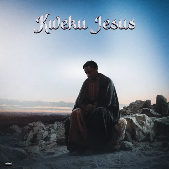 A man sitting on rocks at sunset. It The album cover of "Kweku Smoke - Kweku Jesus (FULL ALBUM)".