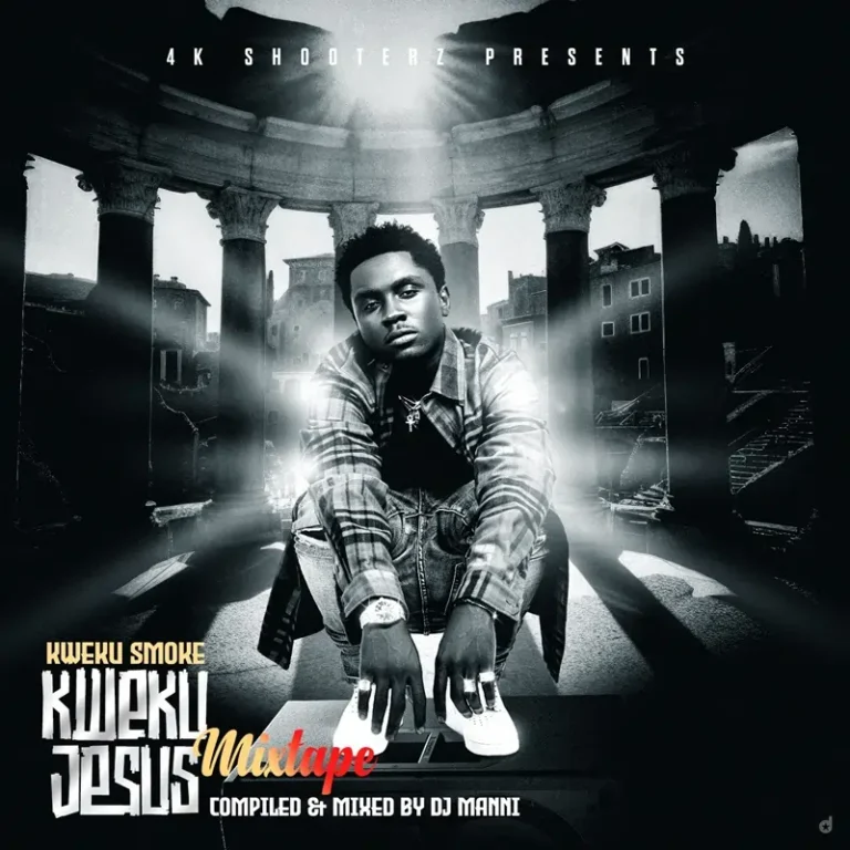 A man sits in the center of a desolate street with a large, ruined coliseum in the background, promoting the "kweku smoke kweku deisi mixtape," compiled and mixed by dj manni.
