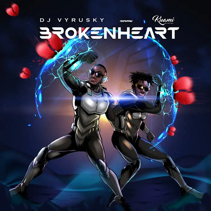 Two futuristic superheroes in dynamic poses surrounded by swirling energy and floating red hearts. Artwork for 'DJ Vyrusky - Broken Heart (feat. Kuami Eugene)'