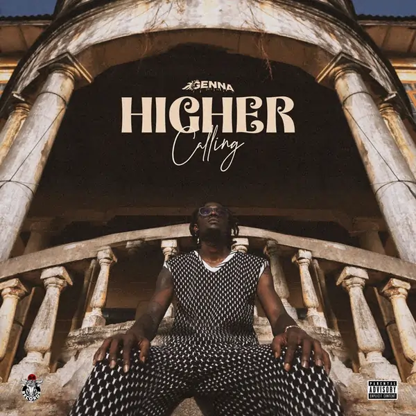 A person sitting confidently in front of a grand building under the title "higher calling