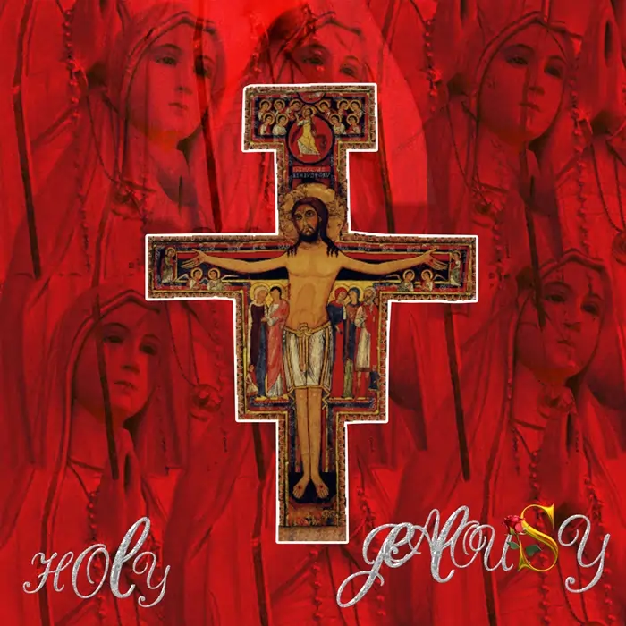 The image appears to show a religious symbol featuring a man on a cross overlayed on a cross (Jesus maybe) and a woman (Mary maybe) . Image is Artwork for 'Khalifina - Holy Jealousy (feat. Niq-El Angelo)'