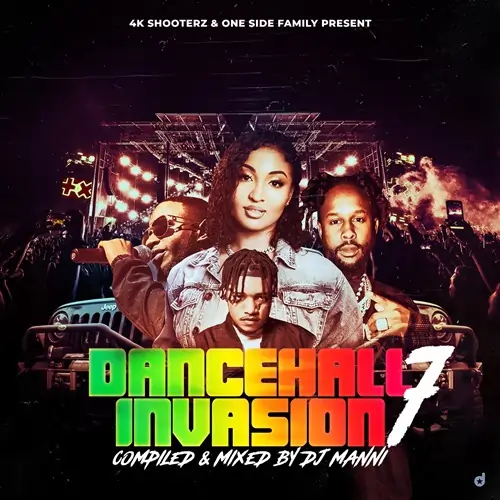 Album cover for "dancehall invasion 7" featuring a collage of artists with a fiery concert background, compiled and mixed by dj manni. Artwork for "DJ Manni - Dancehall Invasion Vol.7"
