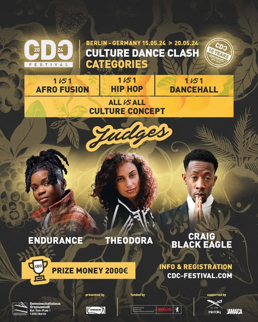Poster for Culture Dance Clash Festival 2024 in Berlin, showcasing categories: Afro Fusion, Hip Hop, Dancehall, All Styles - All Culture Concept. Judges: Endurance, Theodora, Craig Black Eagle. Prize: €2000. This image is the featured image for the article "Poster for Culture Dance Clash Festival 2024 in Berlin, showcasing categories: Afro Fusion, Hip Hop, Dancehall, All Styles - All Culture Concept. Judges: Endurance, Theodora, Craig Black Eagle. Prize: €2000."