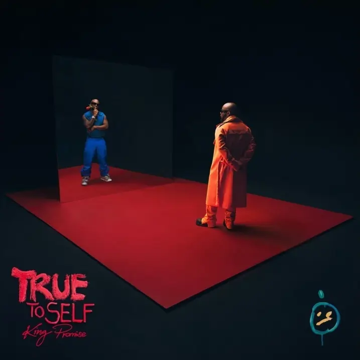 A person in an orange coat stands on a red platform, facing a mirror reflecting another person in blue. The words "True to Self" appear in the bottom left corner, reminiscent of an album cover for King Promise - Favourite Story (feat. Sarkodie)