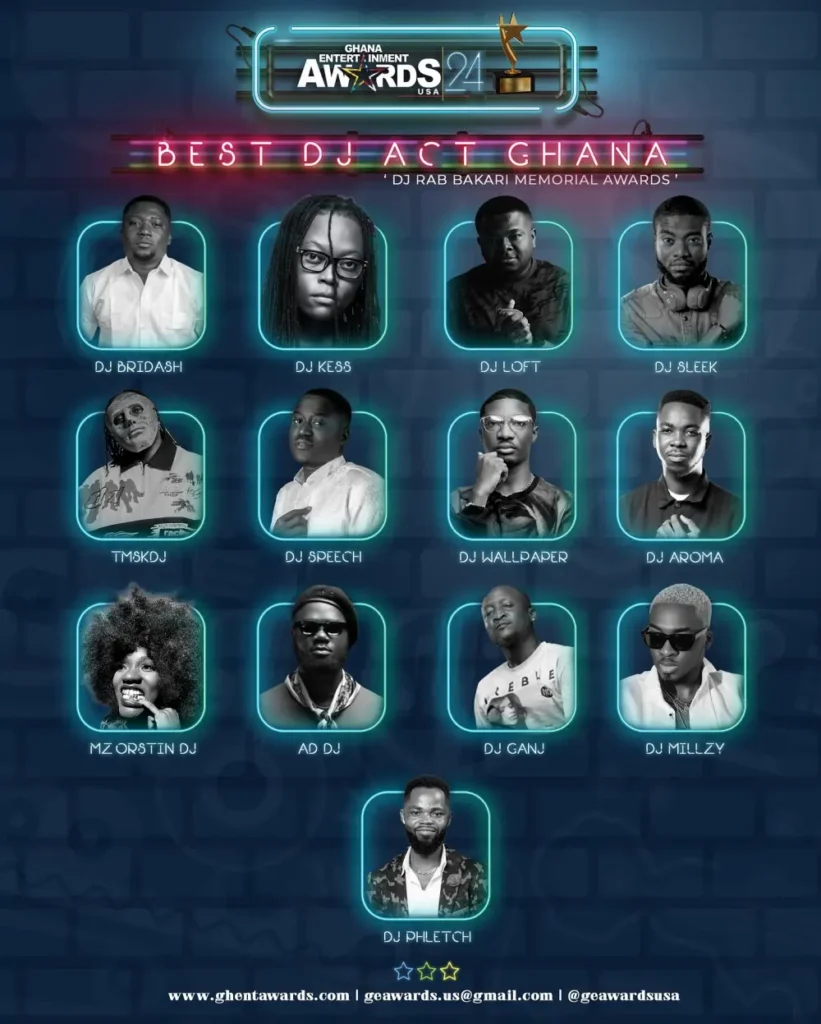 Promotional poster for the Best DJ Act Ghana, DJ Rab Bakari Memorial Awards, showcasing 15 DJs with their respective pictures and names framed in neon-blue rectangles. 