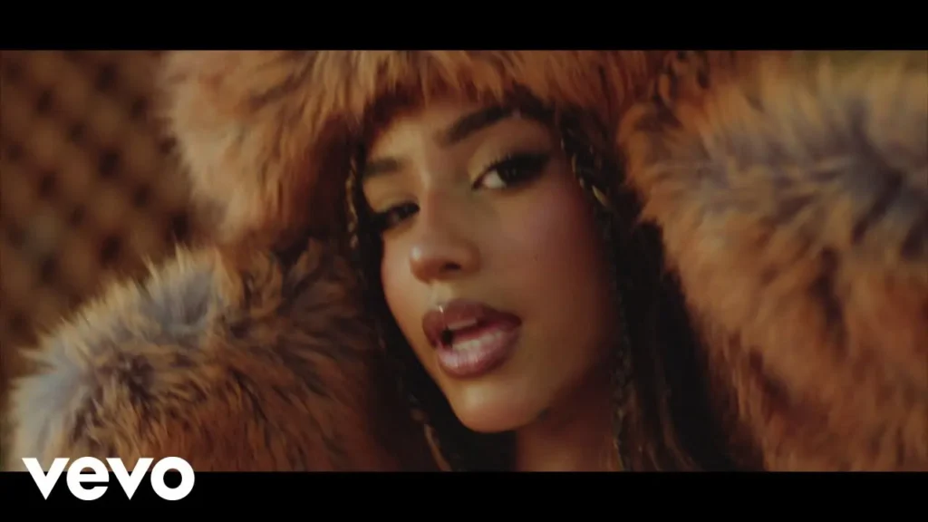 Featured image for the post 'Tyla, Gunna, Skillibeng - Jump (Official Music Video)'. Image shows Tyla wearing a fur-lined hood stares directly at the camera with partly open lips. The Vevo logo is visible in the bottom left corner.