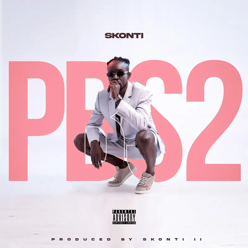 A man in a white suit and sunglasses crouches in front of large pink letters "PBS2." Text above reads "Skonti" and below reads "Skonti - Produced By Skonti 2 [ALBUM]." A parental advisory label is at the bottom.