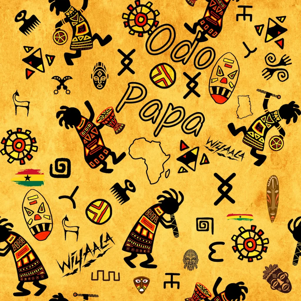 Colorful artwork with African motifs, including masks, figures in traditional clothing, symbols, the map of Africa, and the words "Wiyaala - Odo Papa (Prod. By Martin Gregory Smith)" on a textured yellow background.