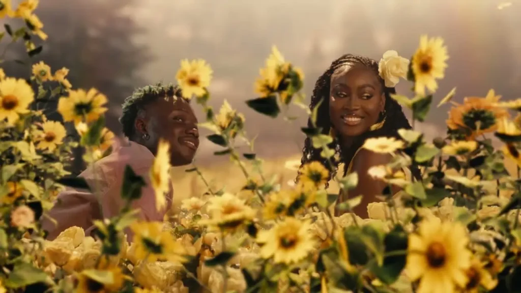 Two people sit among blooming sunflowers and other yellow flowers in an outdoor setting, their faces radiant with smiles, reminiscent of the serene scenes from Olivetheboy's ASYLUM (Official Video).